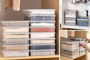 caixas transparentes organizando o guarda-roupa de inverno