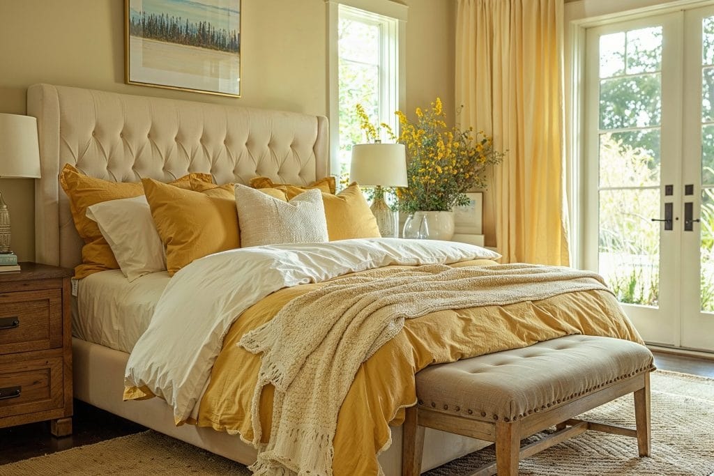 quarto de casal com decoração em amarelo manteiga