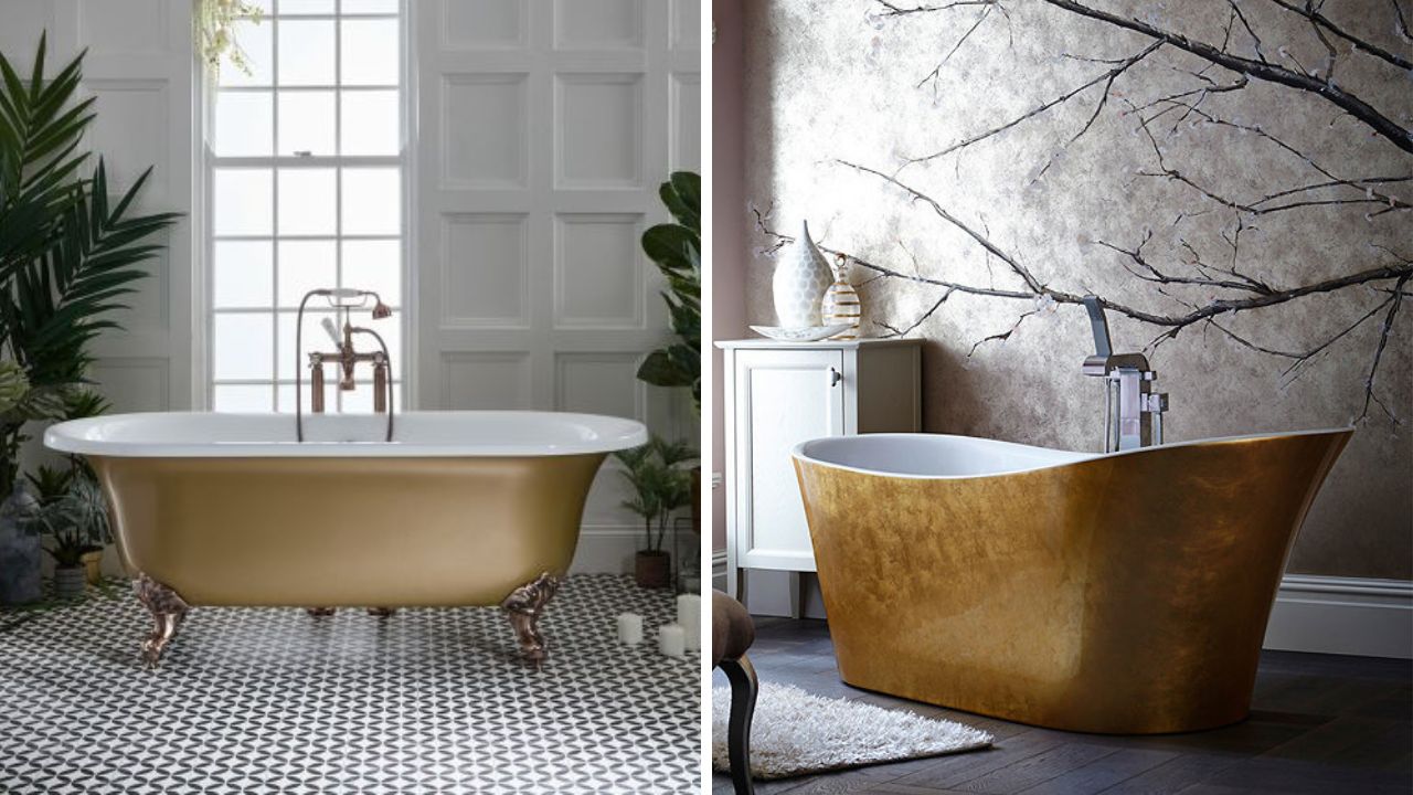 banheiros spa com banheiras freestanding e acabamentos dourados
