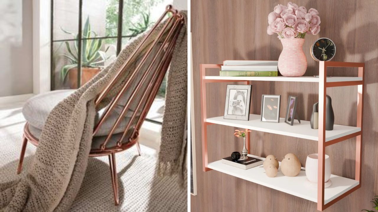 metal rose gold na decoração