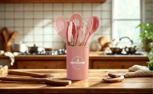 kit de utensílios de cozinha em silicone com cabos de madeira