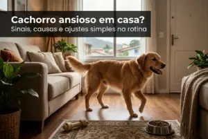 Golden Retriever em sala aconchegante com brinquedo e comida