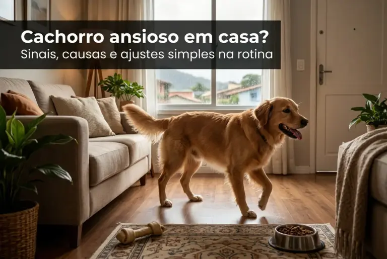 Golden Retriever em sala aconchegante com brinquedo e comida