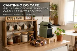 Cantinho de café organizado com cafeteira, cápsulas e planta