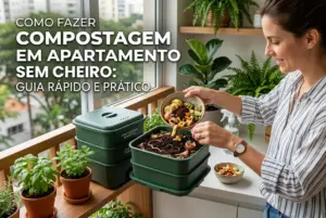 Pessoa compostando em apartamento com materiais orgânicos