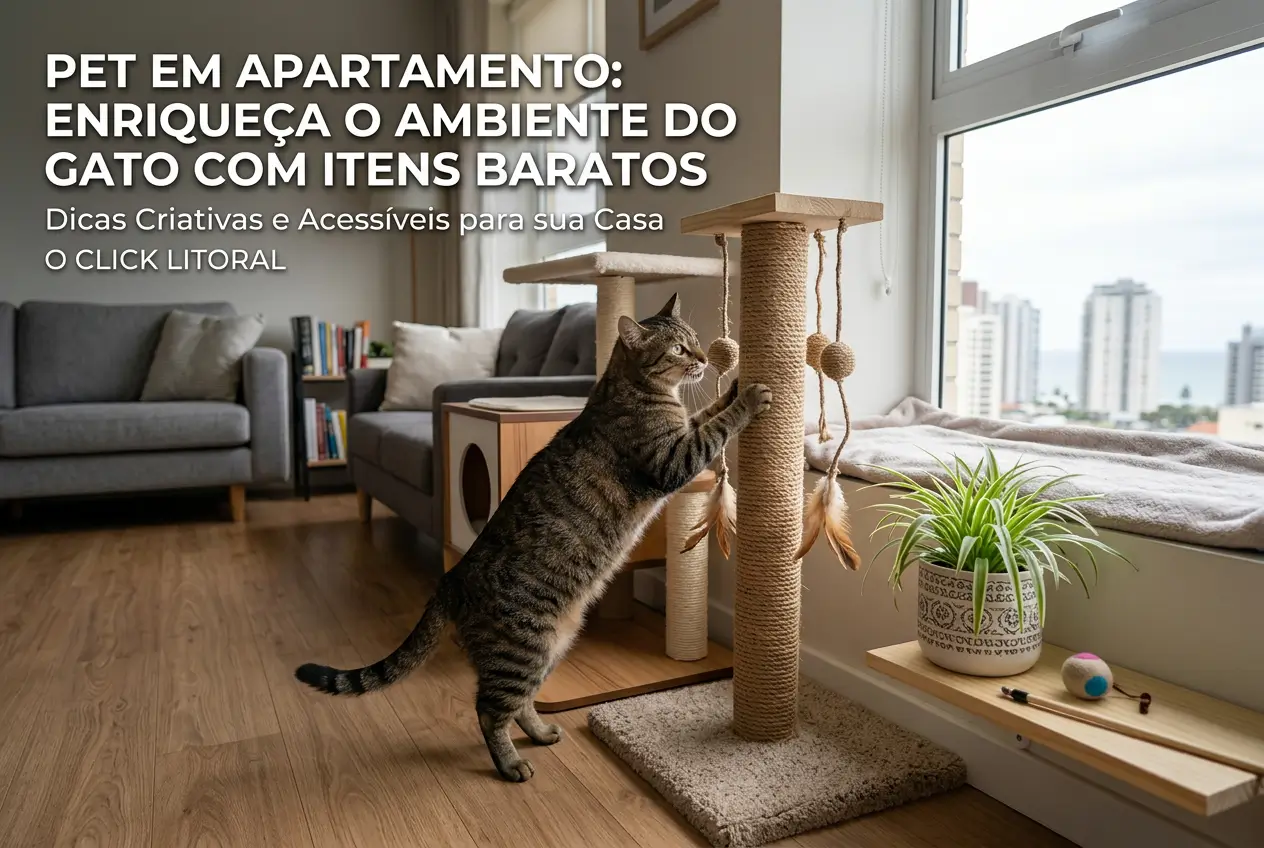 Gato interagindo com arranhador em apartamento aconchegante