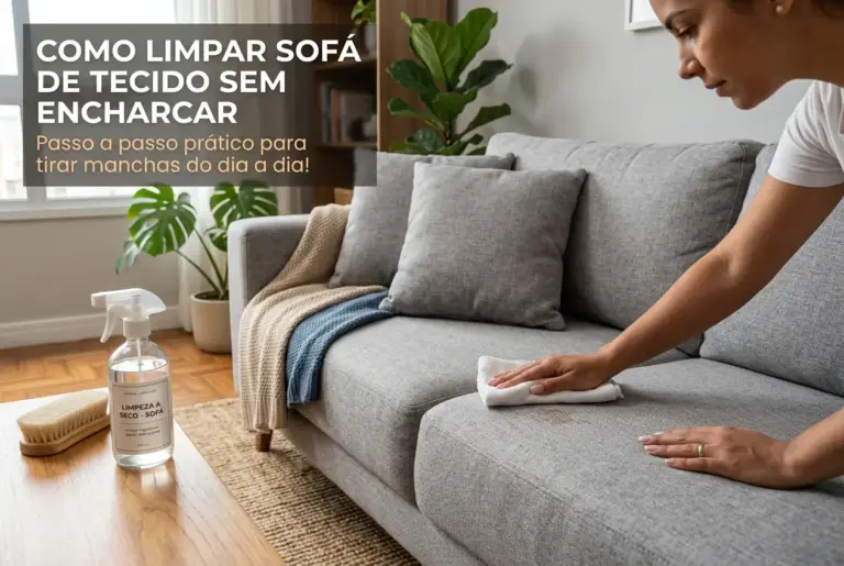 Mulher limpando sofá de tecido com spray "Limpeza a Seco"