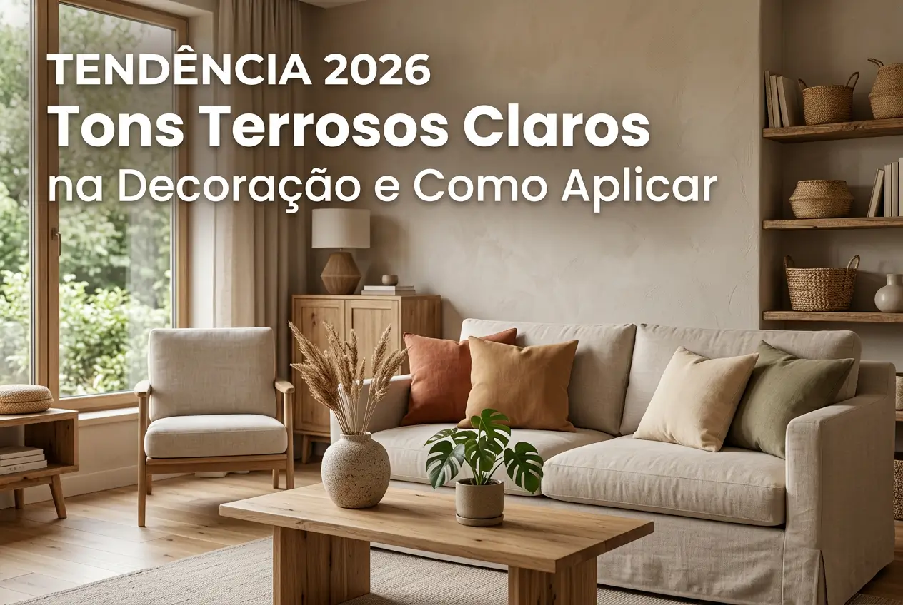 Sala de estar com tons terrosos claros, tendência 2026