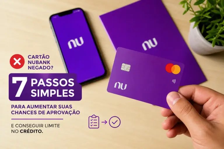Cartões Nubank roxos e celular em mesa de madeira