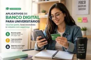 Jovem estudante usando smartphone e cartão bancário em mesa de estudo