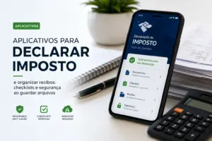 Smartphone e calculadora com app de declaração de imposto 2026