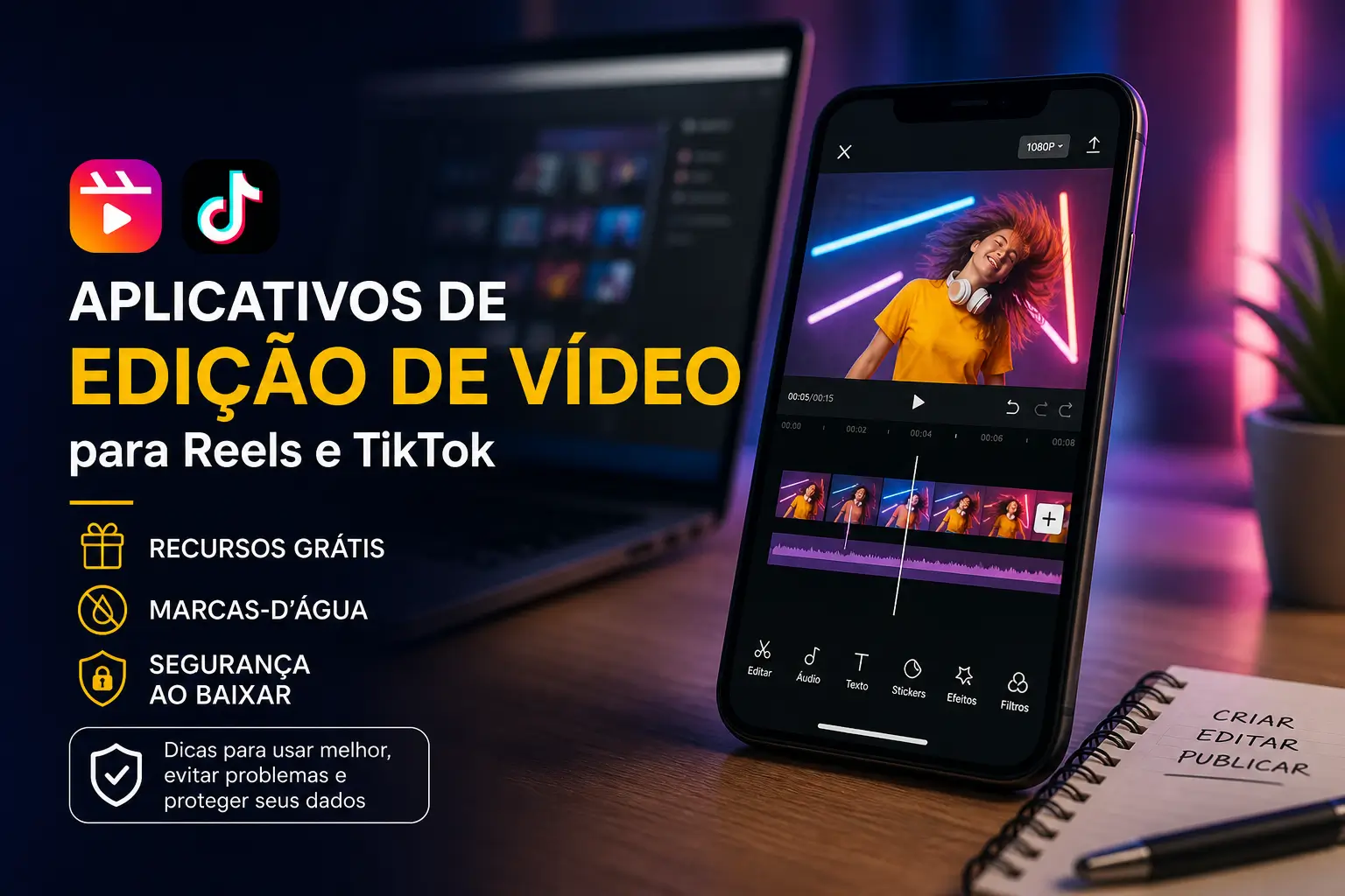 Smartphone e laptop com apps de edição para Reels e TikTok