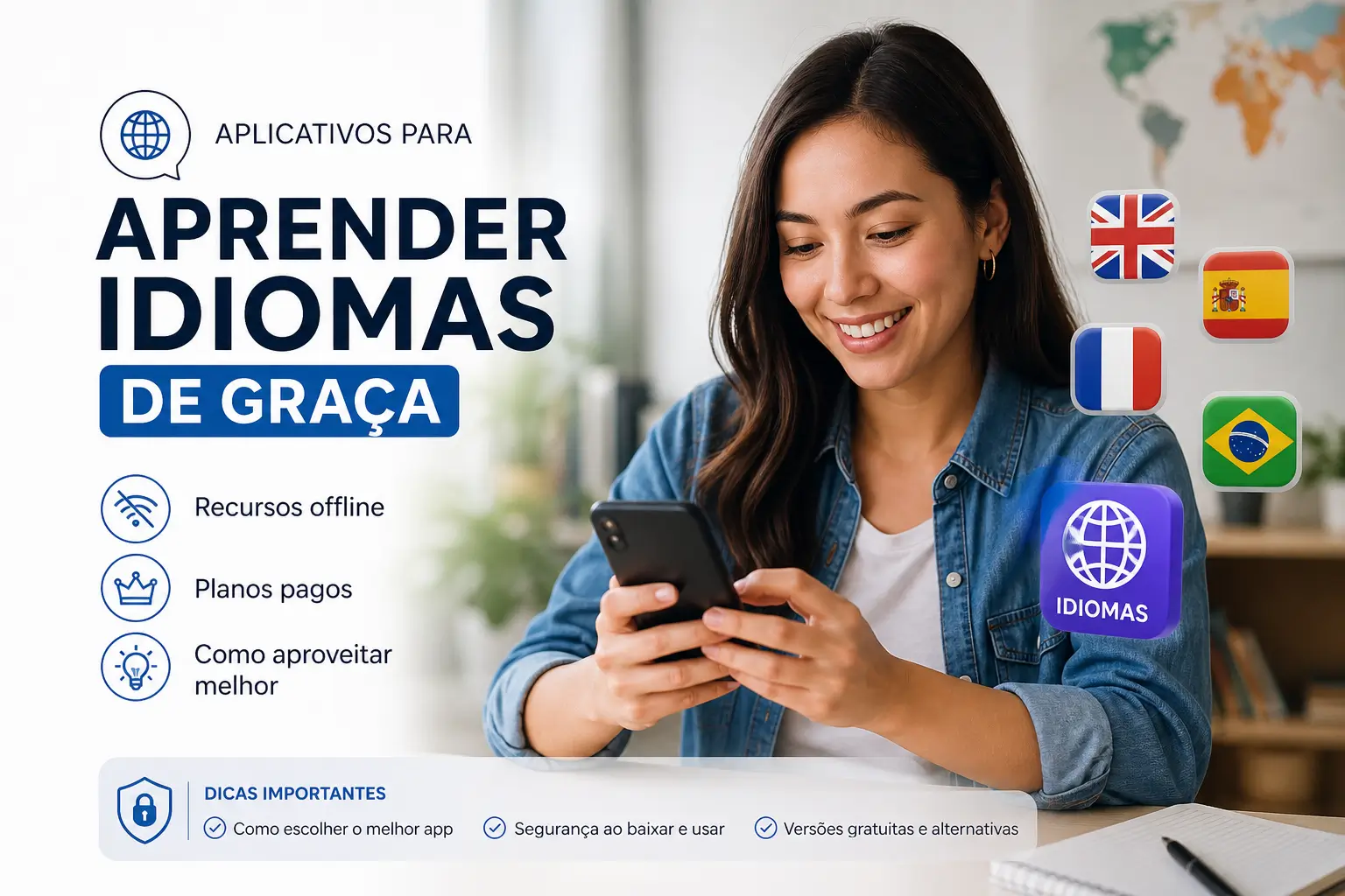 Jovem sorridente aprendendo idiomas grátis com smartphone