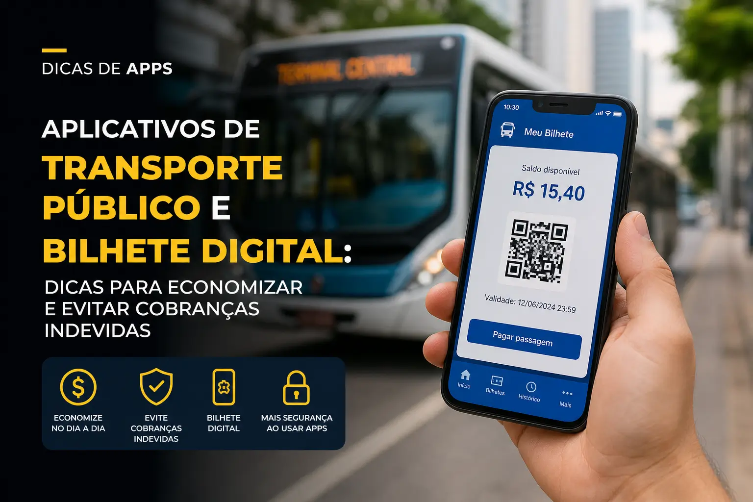 Mão segurando smartphone com aplicativo de bilhete digital e QR code, ônibus ao fundo