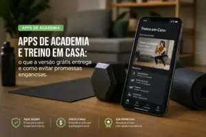 Celular sobre mesa com aplicativos de treino e texto destacado