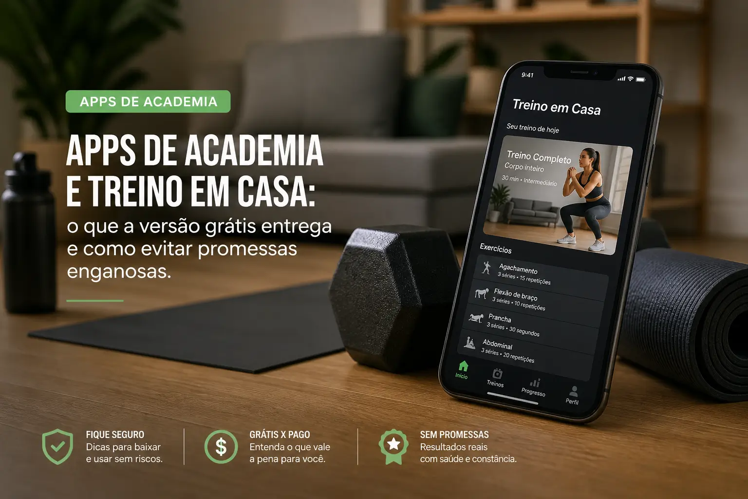 Celular sobre mesa com aplicativos de treino e texto destacado