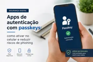 Pessoa usando celular com app Passkey e autenticação concluída