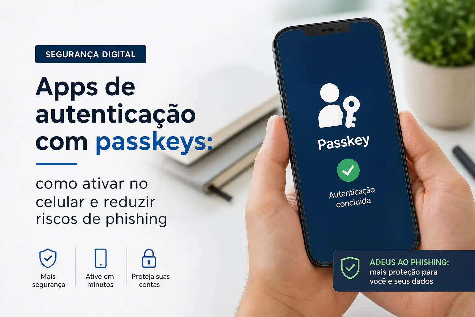 Pessoa usando celular com app Passkey e autenticação concluída