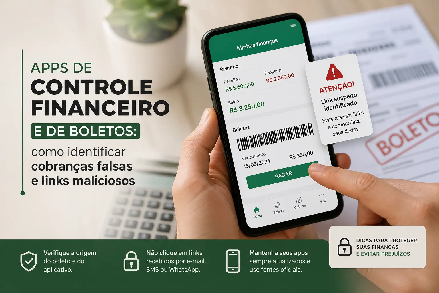 App financeiro com alerta de link suspeito na tela