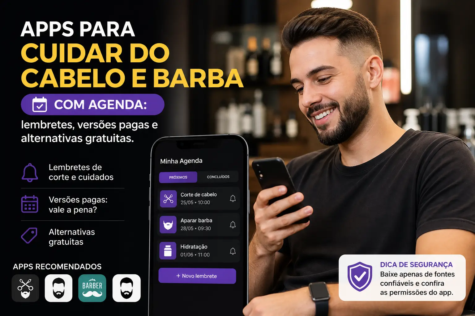 Homem sorridente com celular em barbearia e gráficos digitais