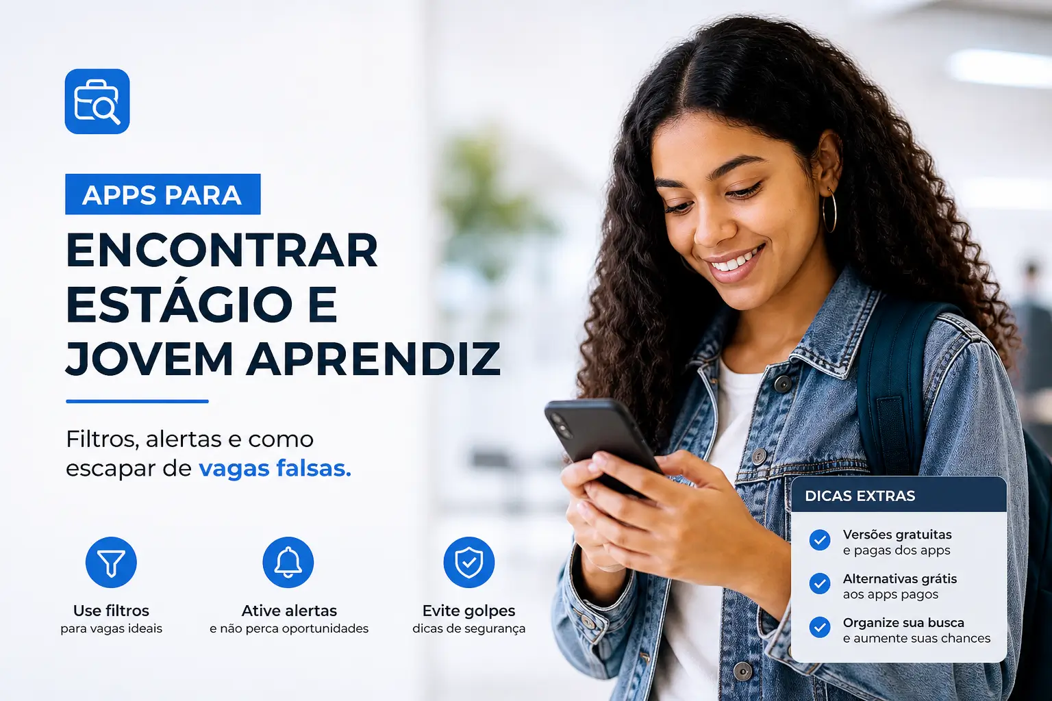 Mulher jovem sorrindo com celular pesquisando apps para estágio