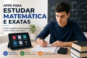 Estudante escrevendo com apps de matemática em 2026