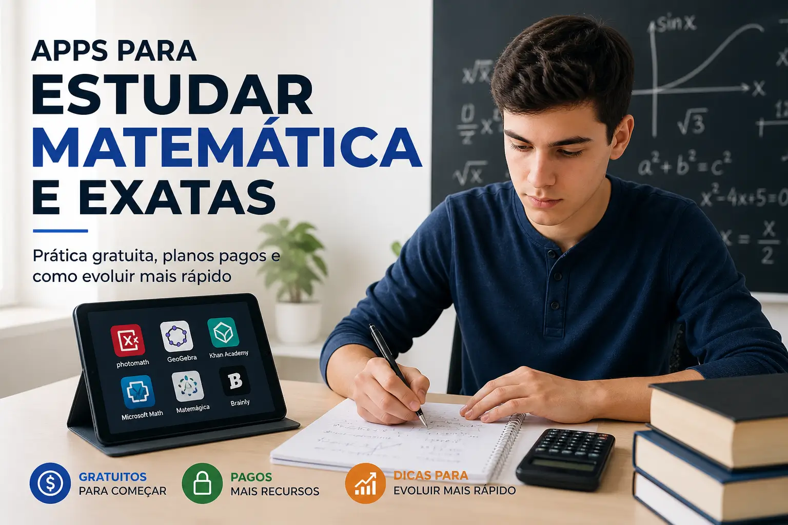 Estudante escrevendo com apps de matemática em 2026