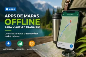Smartphone com mapa offline e equipamentos de viagem ao ar livre