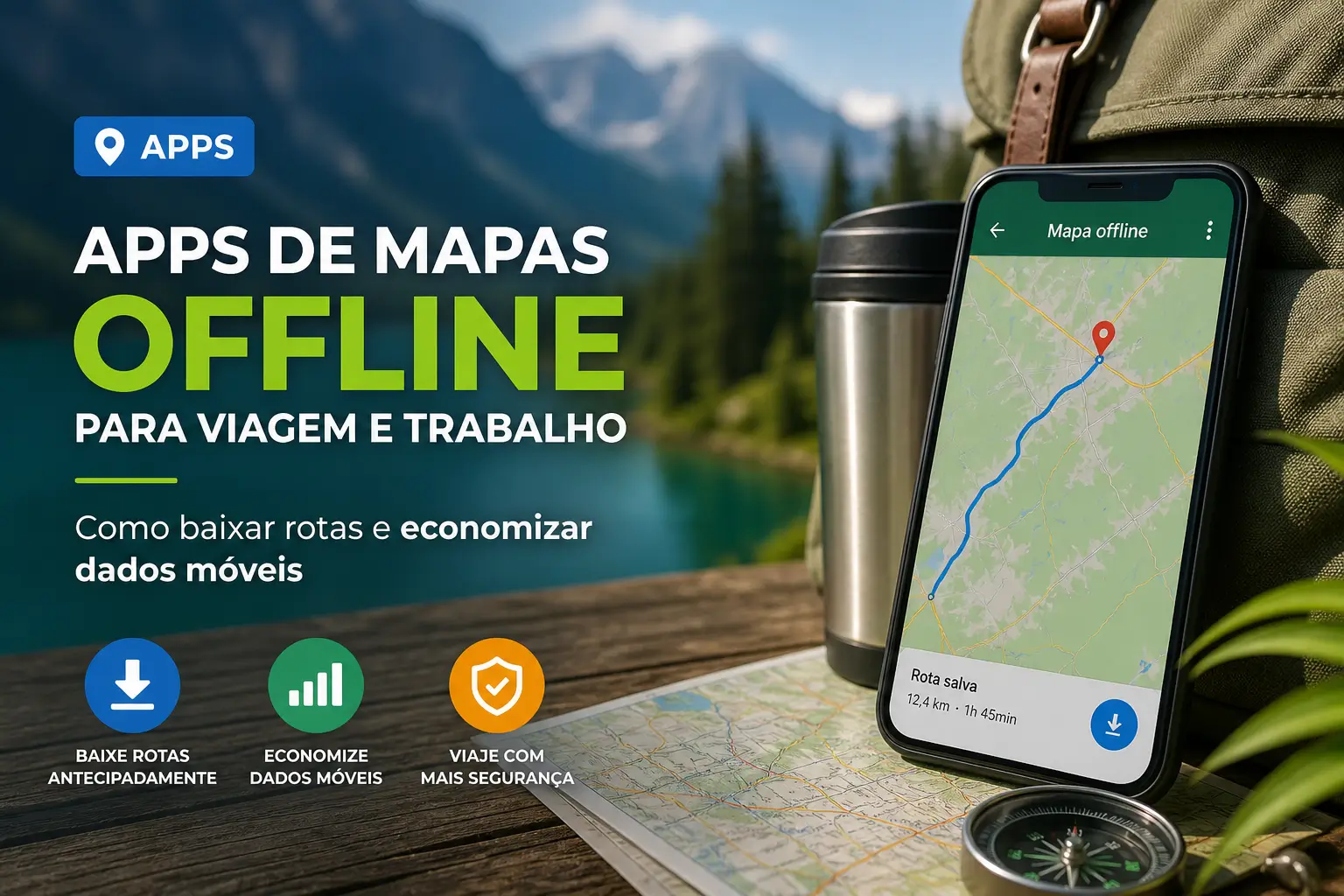 Smartphone com mapa offline e equipamentos de viagem ao ar livre