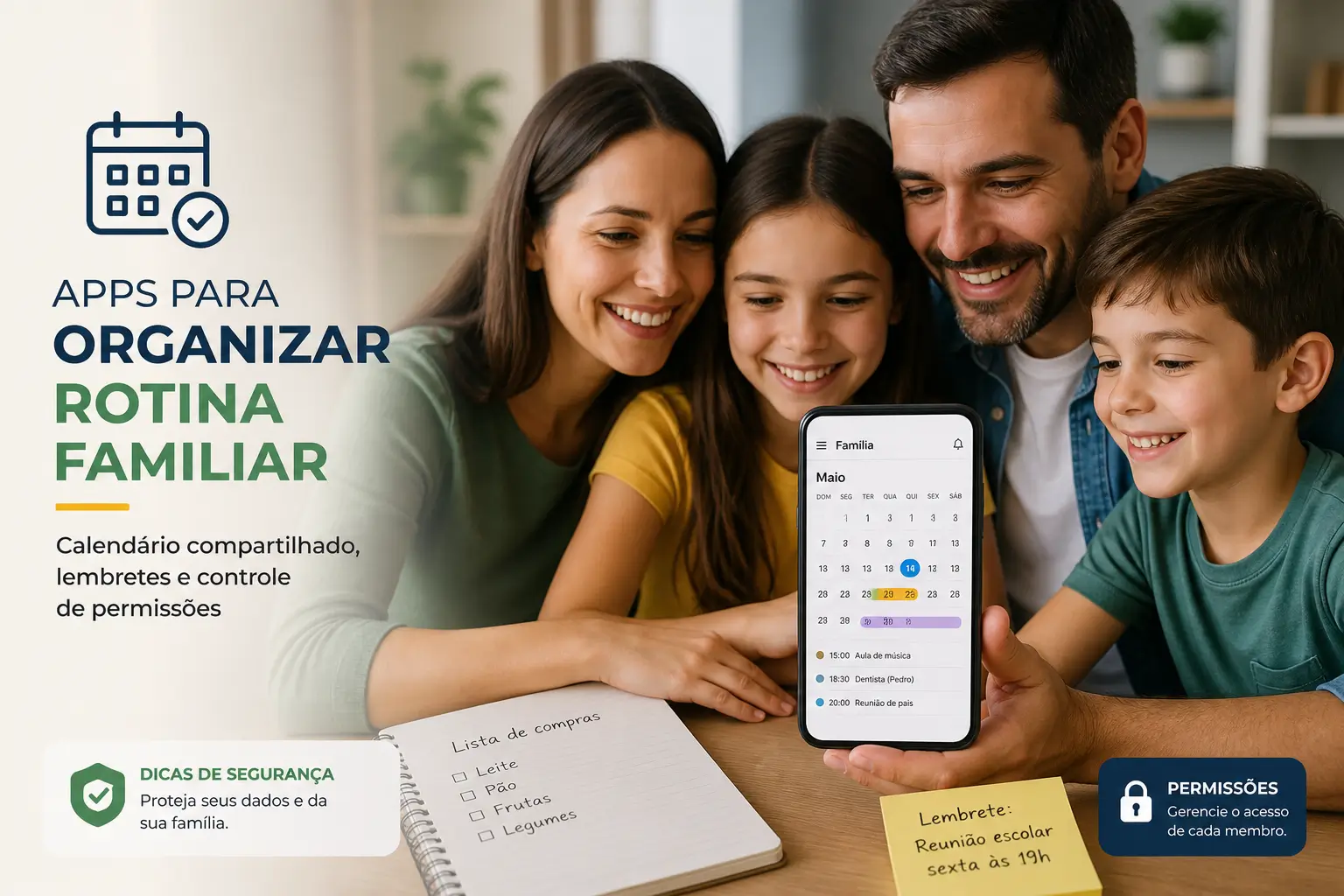 Família sorridente usa aplicativo de educação financeira em 2026