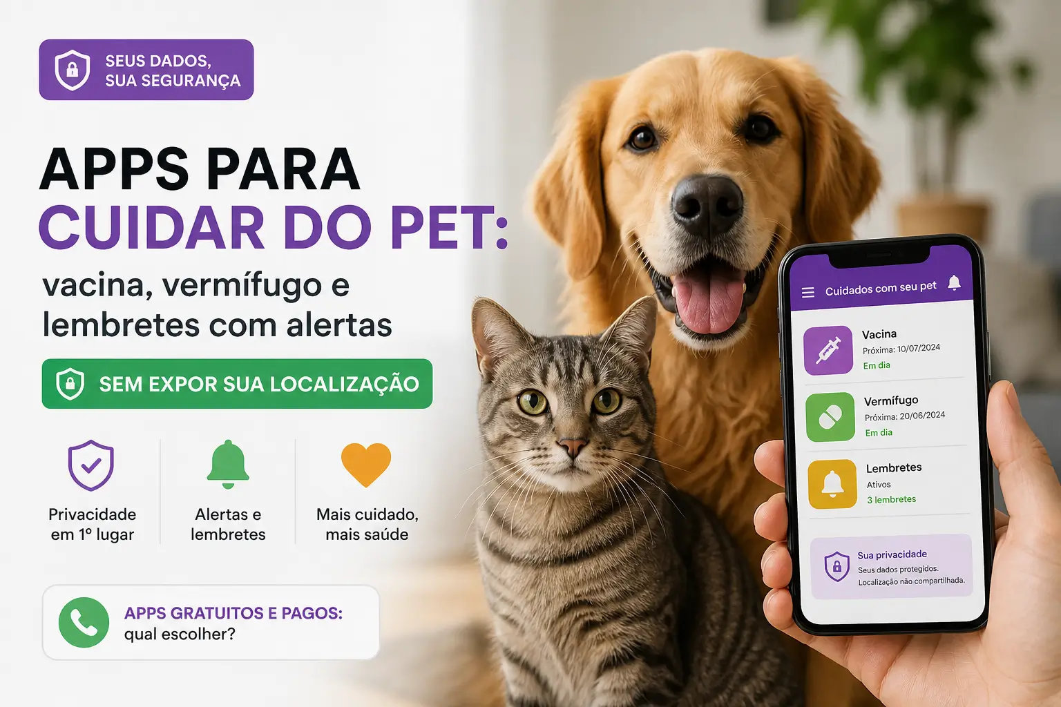 Cachorro e gato com app de cuidados com pets, vacinação e lembretes