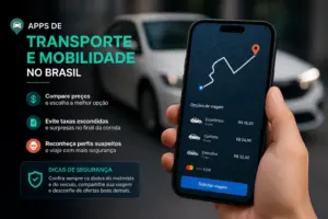 Smartphone mostrando opções de app de transporte em português do Brasil
