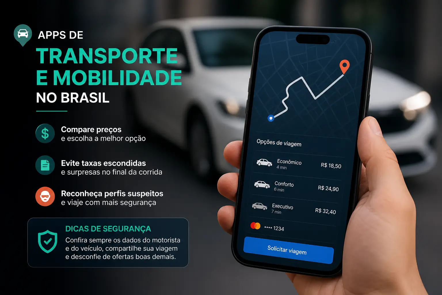 Smartphone mostrando opções de app de transporte em português do Brasil