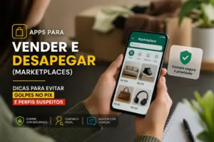 Close-up de celular com app marketplace e selo de compra segura