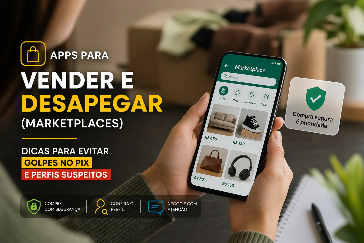 Close-up de celular com app marketplace e selo de compra segura