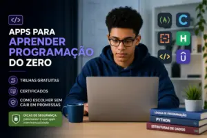 Estudante com moletom azul estudando programação em 2026