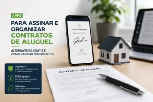 Smartphone com Contrato de Aluguel assinado ao lado de casa modelo e documento