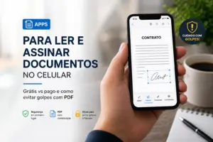 Smartphone exibindo tela de contrato com dicas de segurança em PDF