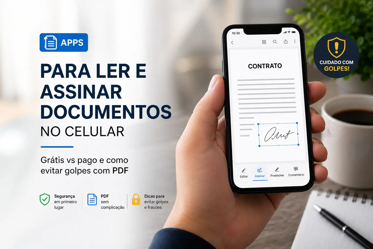 Smartphone exibindo tela de contrato com dicas de segurança em PDF