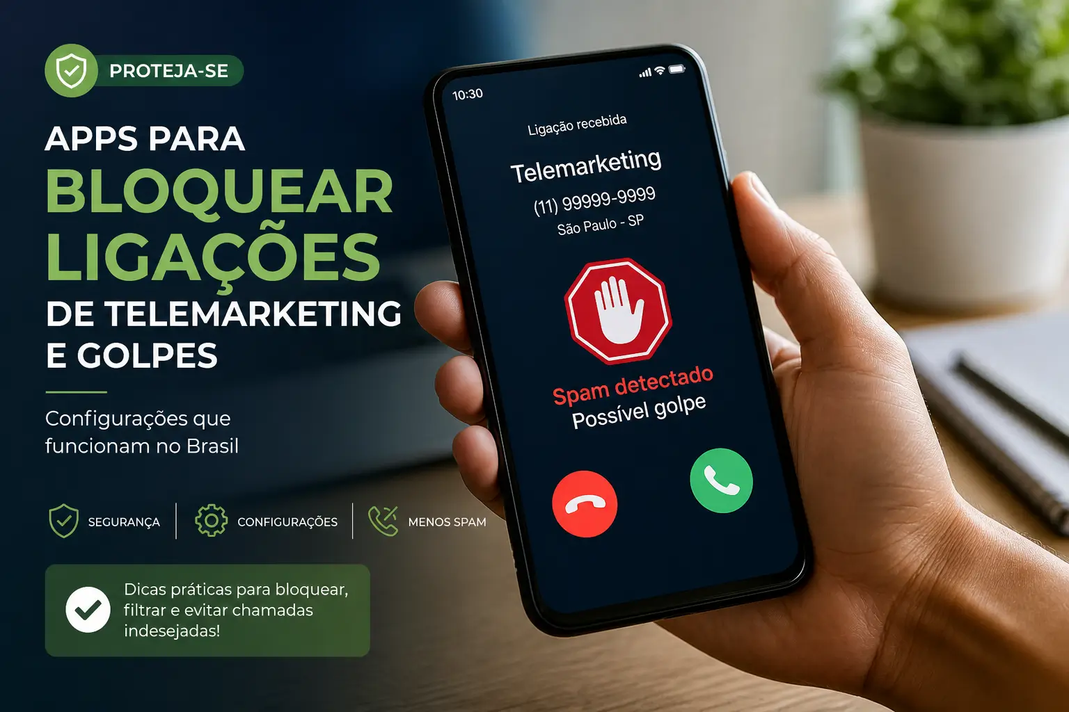 Mão segurando smartphone com aviso de possível golpe em telemarketing
