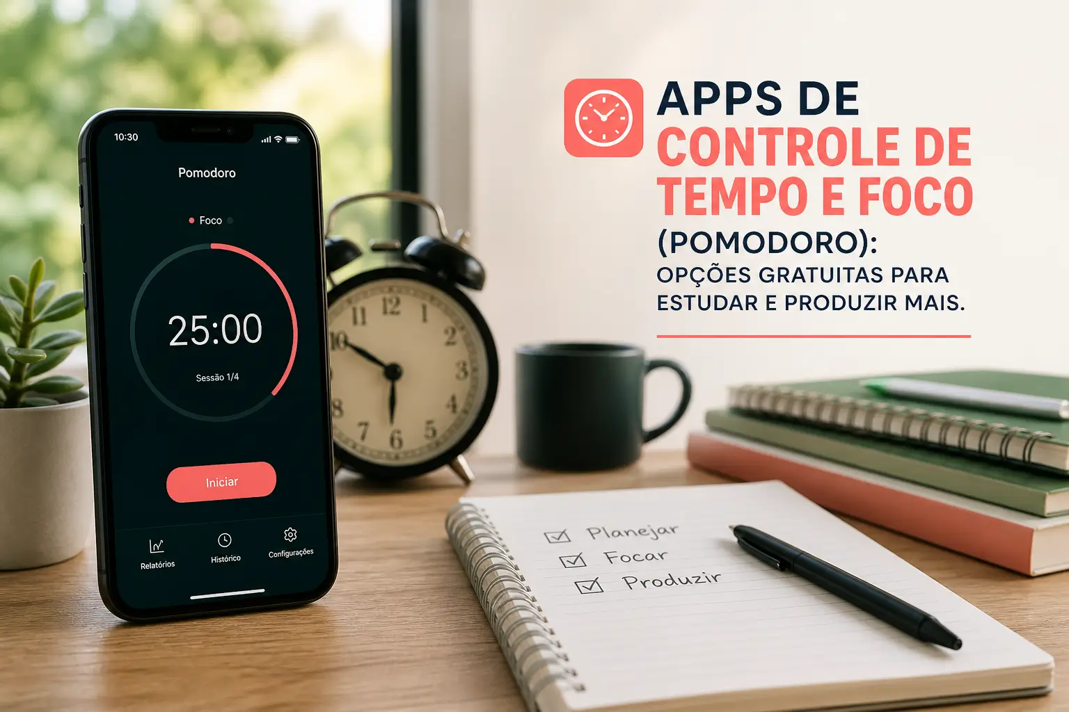 Cronômetro Pomodoro em celular com despertador e anotações financeiras