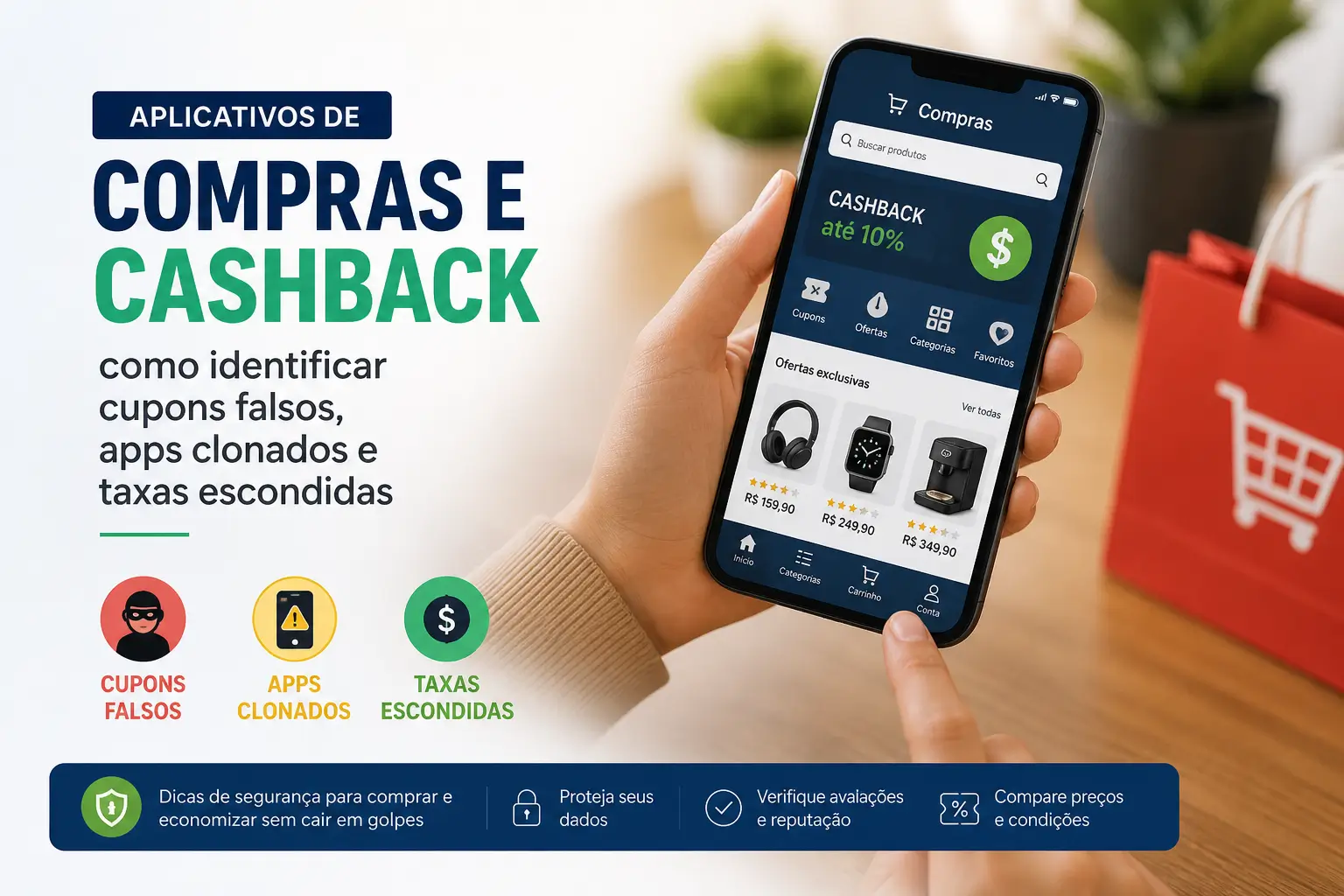 Aplicativo de compras com cashback exibido em smartphone