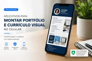 Celular mostrando site de portfólio gráfico de Juliana Souza com texto sobre aplicativos