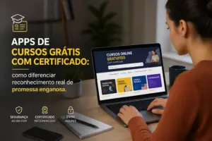 Usuário em laptop com curso online gratuito certificado