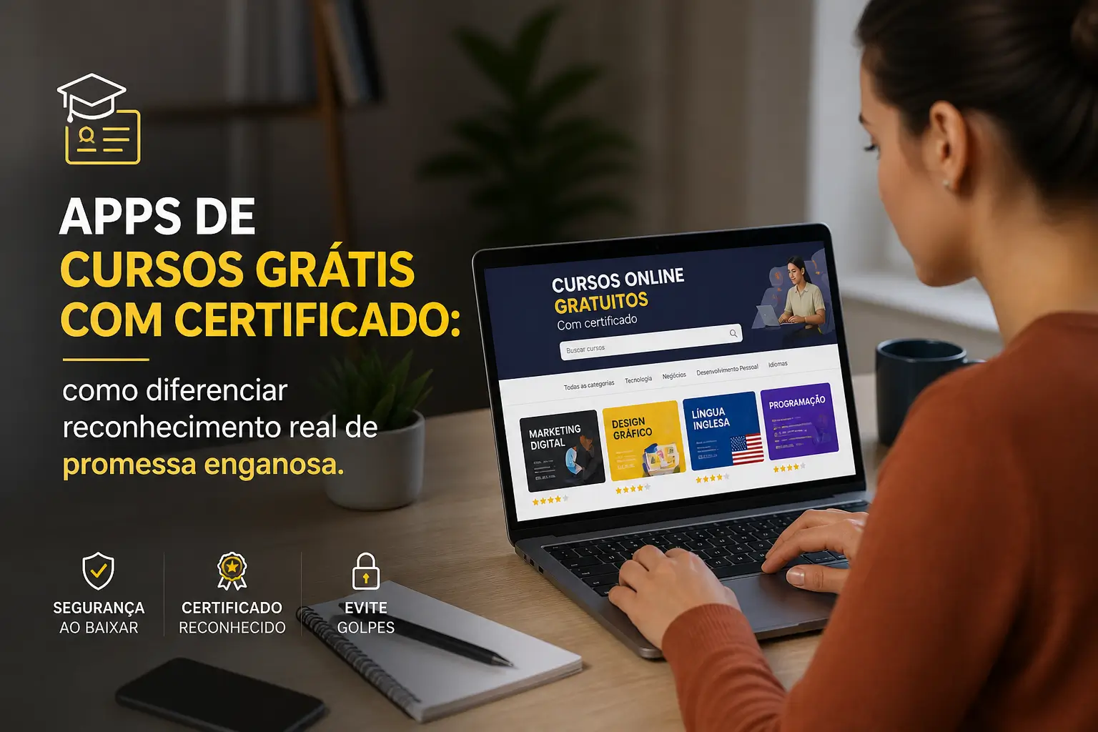 Usuário em laptop com curso online gratuito certificado