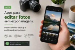 App de edição de imagens no smartphone com ícones de privacidade