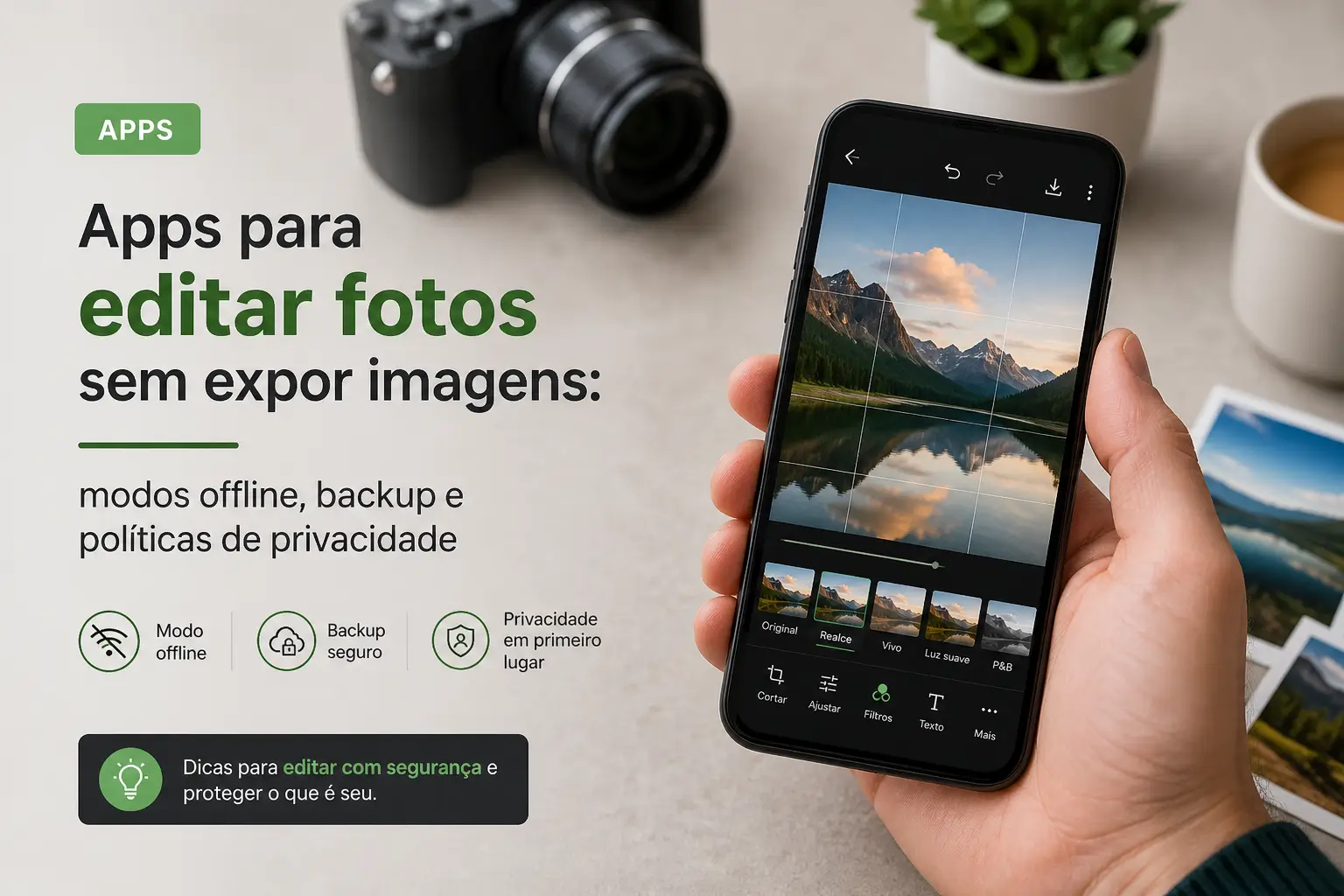 App de edição de imagens no smartphone com ícones de privacidade