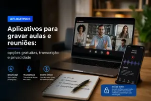 Laptop e celular com aplicativos de gravação e transcrição