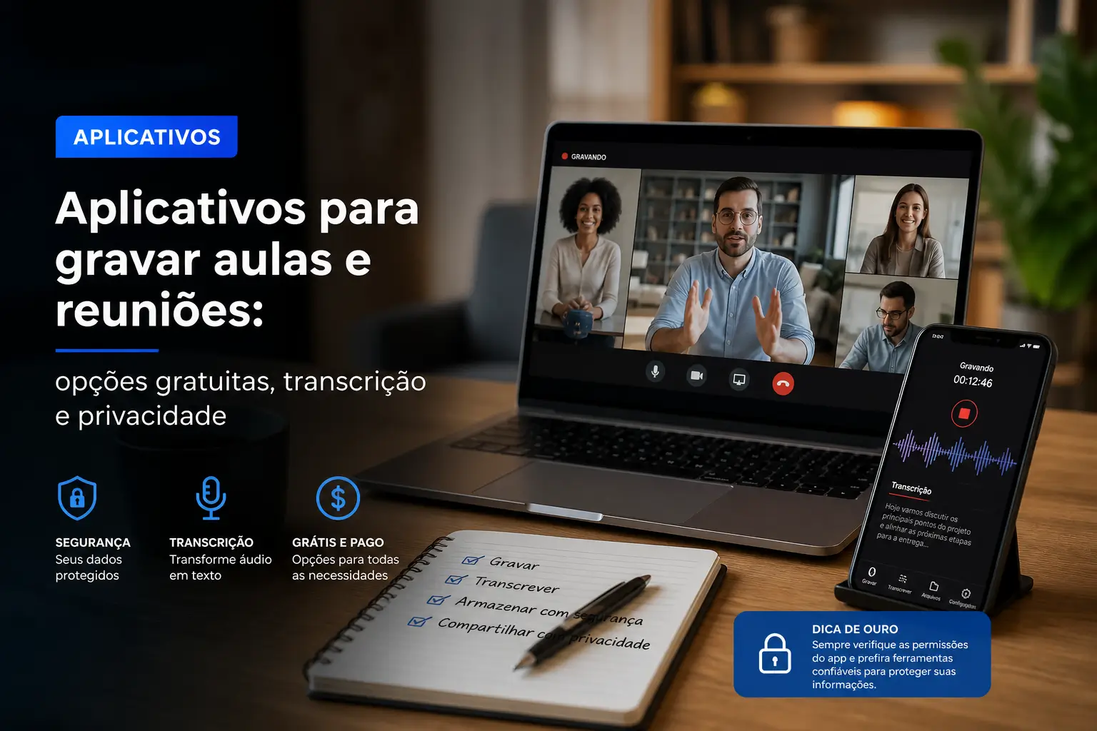 Laptop e celular com aplicativos de gravação e transcrição