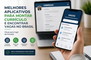 Pessoa com celular mostrando 'VAGAS', ao fundo notebook com 'CURRÍCULO'.